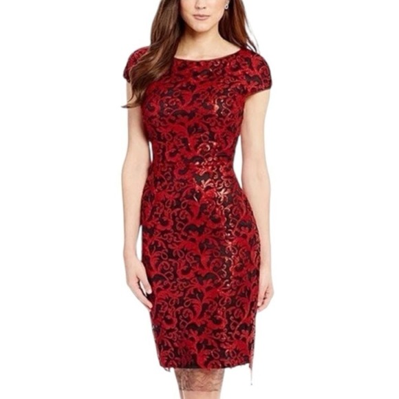 Antonio Melanie Milo Sequin Mesh Sheath Dress Size 14 Red Short‎ Sleeve $199 - Picture 1 of 8